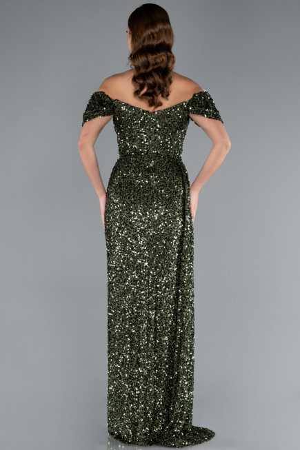 Olive Drab Boat Neck Slit Long Sequin Evening Gown ABU4843