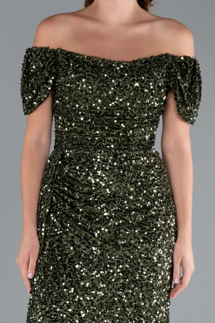 Olive Drab Boat Neck Slit Long Sequin Evening Gown ABU4843