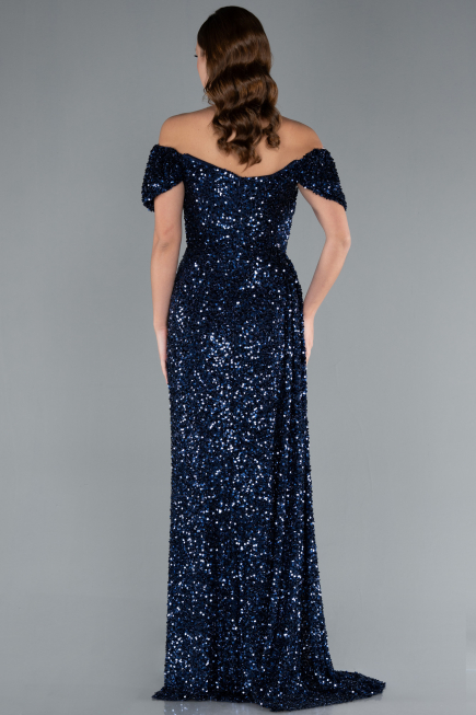 Navy Blue Boat Neck Slit Long Sequin Evening Gown ABU4843