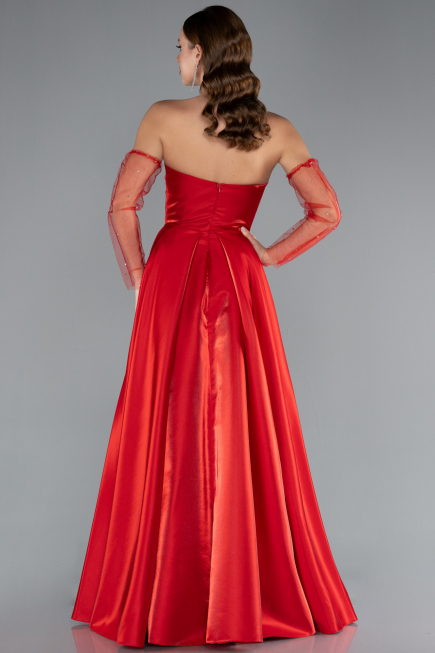 Red Stoned Strapless Sleeve Accessory Long Taffeta Evening Dress ABU4846