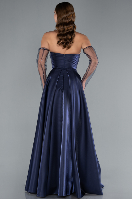 Navy Blue Stoned Strapless Sleeve Accessory Long Taffeta Evening Dress ABU4846