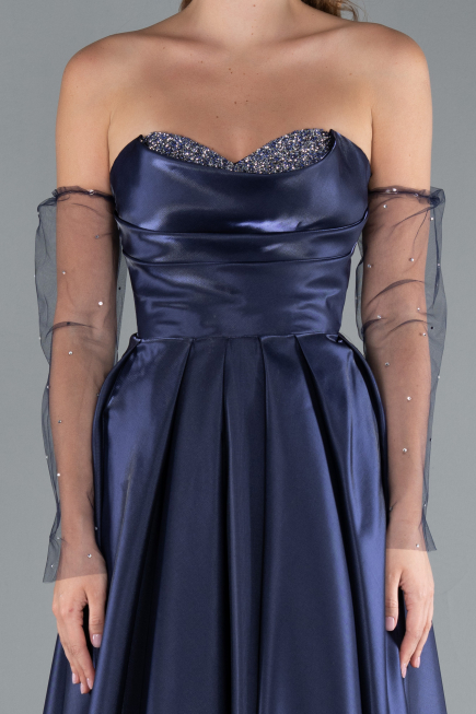 Navy Blue Stoned Strapless Sleeve Accessory Long Taffeta Evening Dress ABU4846