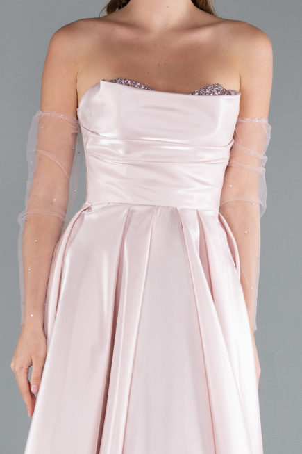 Powder Color Stoned Strapless Sleeve Accessory Long Taffeta Evening Dress ABU4846