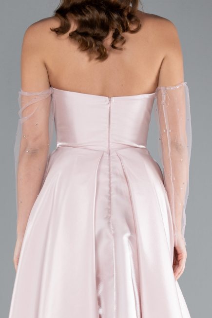 Powder Color Stoned Strapless Sleeve Accessory Long Taffeta Evening Dress ABU4846
