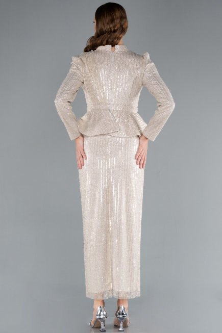 Beige Long Sleeve Stand Collar Midi Beaded Evening Gown ABU4823
