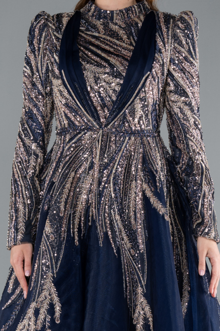 Navy Blue Long Sleeve High Collar Sequined Embroidered Hijab Dress ABK2311
