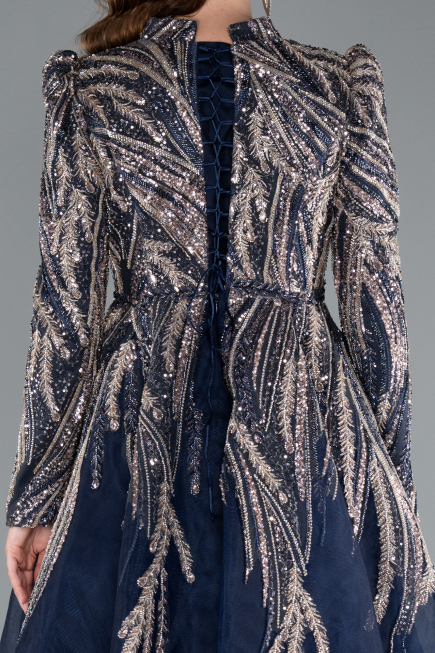 Navy Blue Long Sleeve High Collar Sequined Embroidered Hijab Dress ABK2311