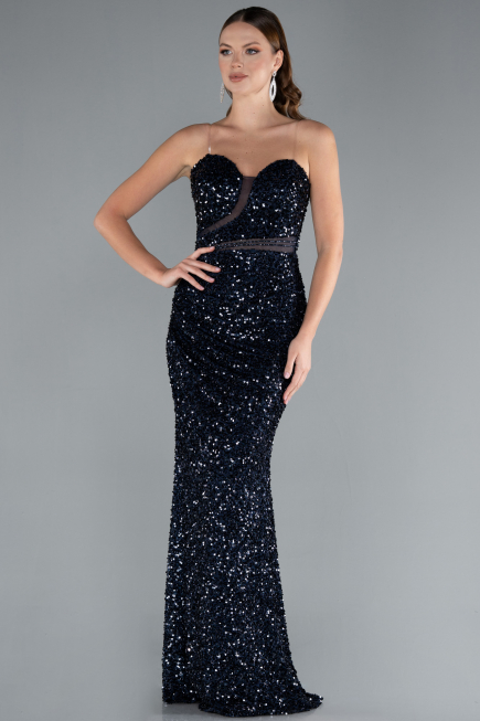 Navy Blue Strapless Long Scaly Mermaid Prom Dress ABU4816