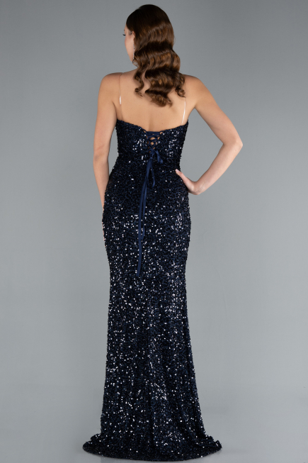 Navy Blue Strapless Long Scaly Mermaid Prom Dress ABU4816