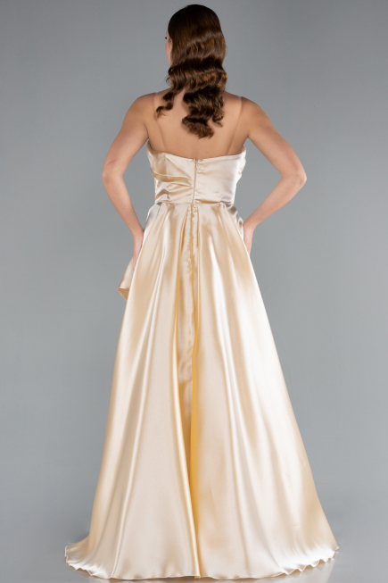 Beige Strapless Slit Long Satin Prom Gown ABU4522