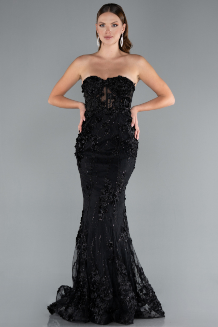 Black Strapless Three Dimensional Floral Long Mermaid Evening Gown ABU4819