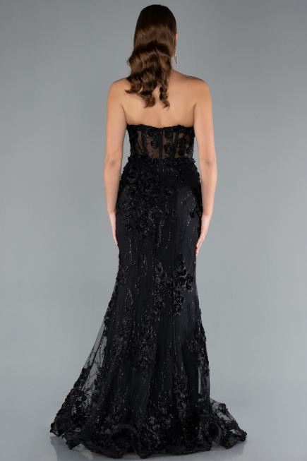Black Strapless Three Dimensional Floral Long Mermaid Evening Gown ABU4819
