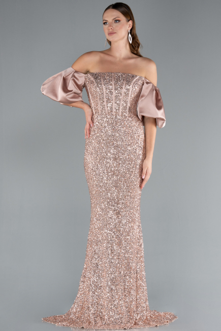 Gold Strapless Sleeve Accessories Long Scaly Evening Gown ABU4308