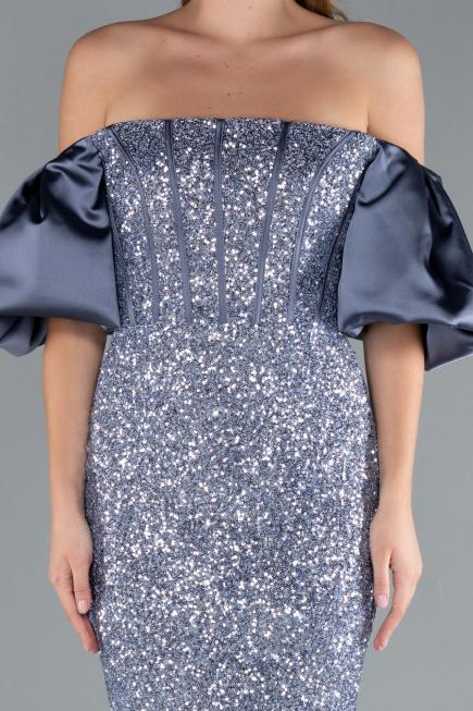 Grey-Indigo Strapless Sleeve Accessories Long Scaly Evening Gown ABU4308