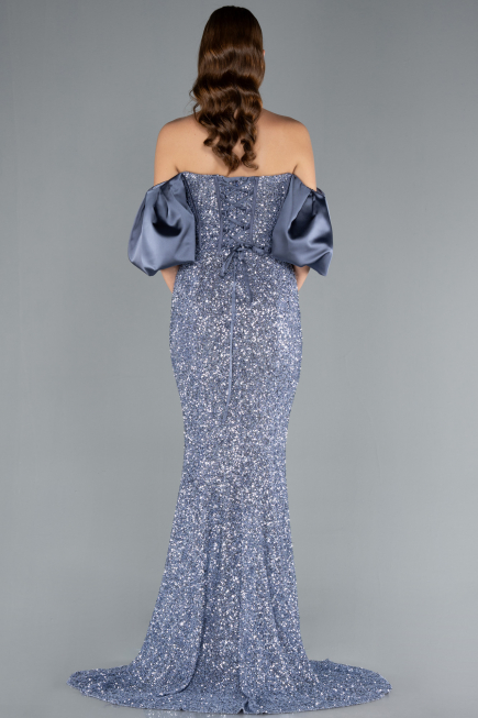 Grey-Indigo Strapless Sleeve Accessories Long Scaly Evening Gown ABU4308
