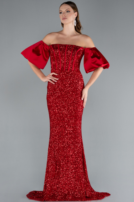 Red Strapless Sleeve Accessories Long Scaly Evening Gown ABU4308