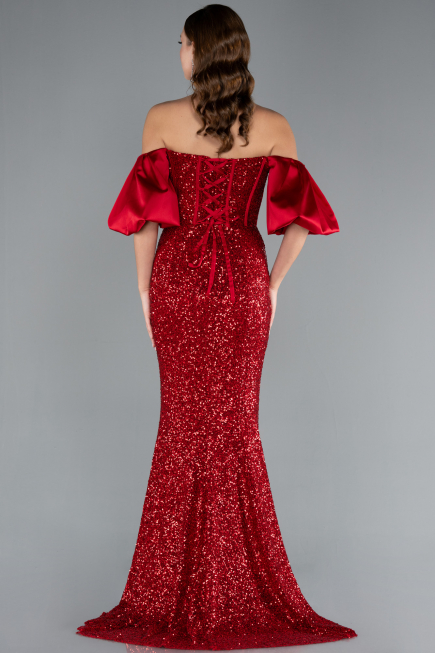 Red Strapless Sleeve Accessories Long Scaly Evening Gown ABU4308
