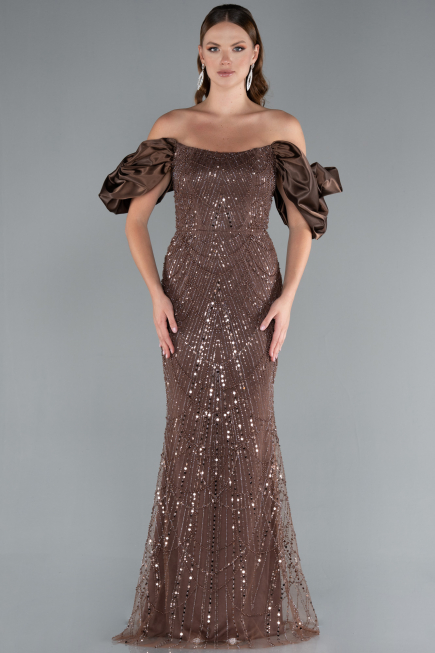 Brown Stoned Strapless Sleeve Accessories Long Mermaid Evening Gown ABU4509