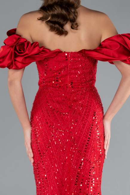 Red Stoned Strapless Sleeve Accessories Long Mermaid Evening Gown ABU4509