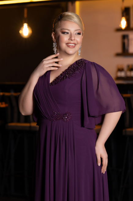 Purple Short Sleeve Chiffon Long Plus Size Evening Dress ABU4794