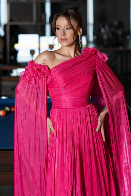 Fuchsia One Shoulder Shawl Sleeve Long Chiffon Evening Dress ABU4809