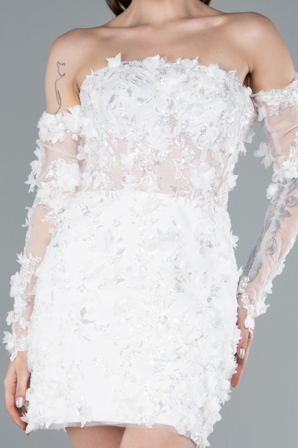 White 3D Floral Lace Detachable Sleeves Mini Wedding Dress ABK2323