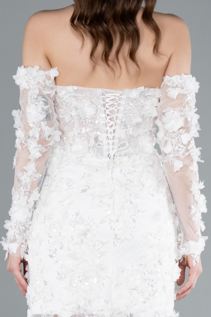 White 3D Floral Lace Detachable Sleeves Mini Wedding Dress ABK2323
