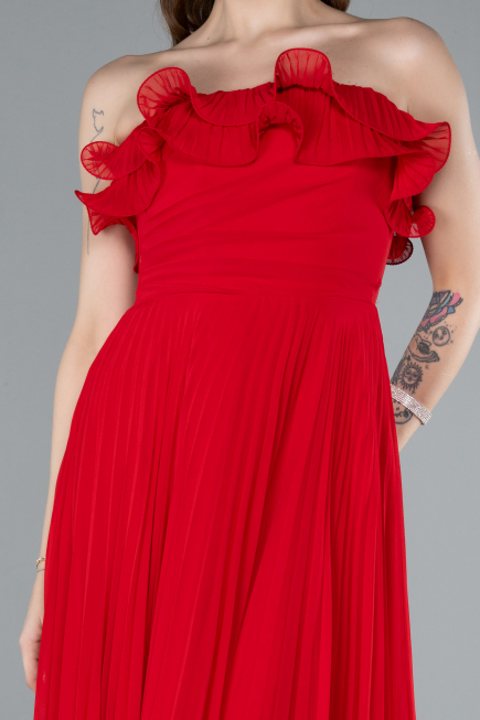 Red Strapless Long Chiffon Prom Gown ABU4866