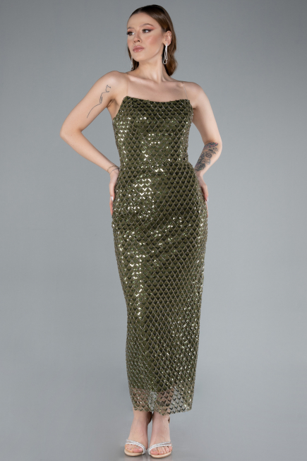 Olive Drab Strapless Beaded Midi Cocktail Dress ABK2260