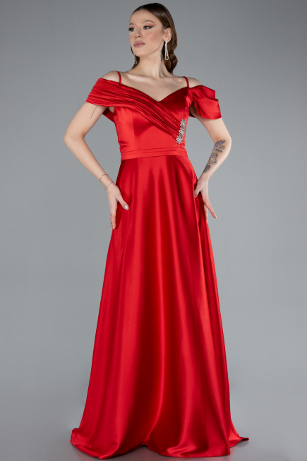 Red Satin Off Shoulder Long Satin Evening Gown ABU4868