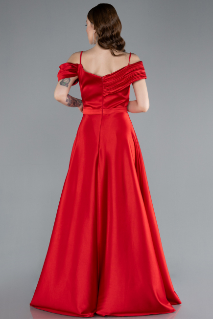 Red Satin Off Shoulder Long Satin Evening Gown ABU4868