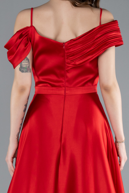 Red Satin Off Shoulder Long Satin Evening Gown ABU4868