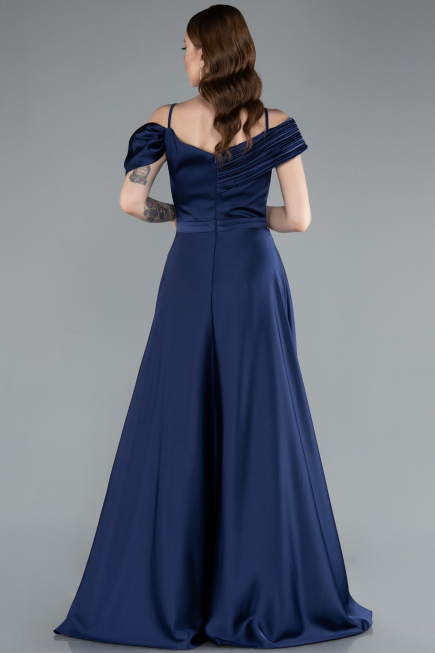 Navy Blue Satin Off Shoulder Long Satin Evening Gown ABU4868