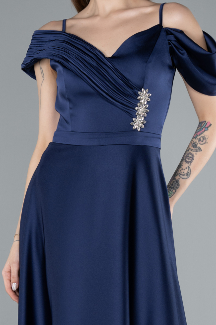 Navy Blue Satin Off Shoulder Long Satin Evening Gown ABU4868