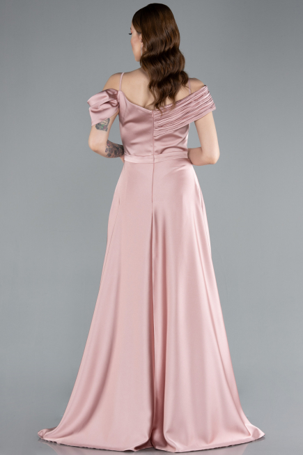 Powder Color Satin Off Shoulder Long Satin Evening Gown ABU4868