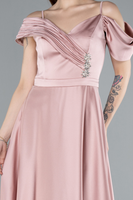Powder Color Satin Off Shoulder Long Satin Evening Gown ABU4868