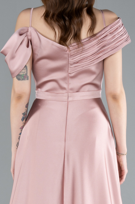 Powder Color Satin Off Shoulder Long Satin Evening Gown ABU4868