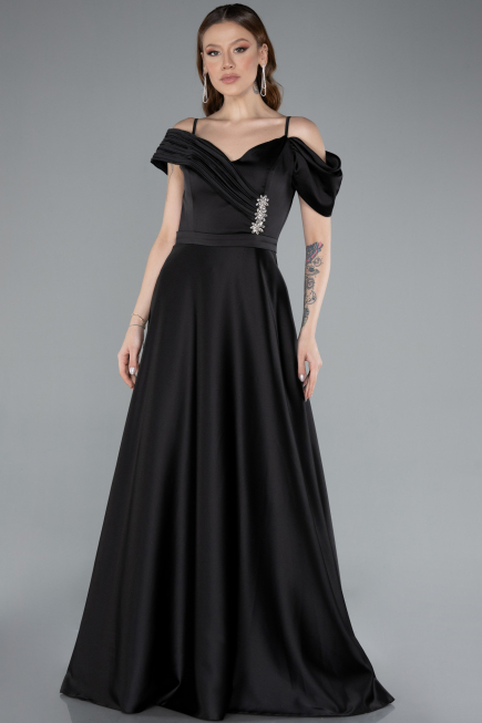 Black Satin Off Shoulder Long Satin Evening Gown ABU4868