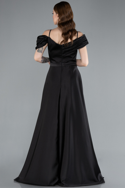Black Satin Off Shoulder Long Satin Evening Gown ABU4868