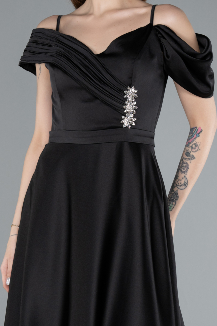 Black Satin Off Shoulder Long Satin Evening Gown ABU4868