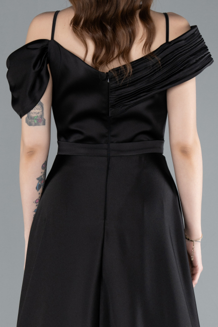 Black Satin Off Shoulder Long Satin Evening Gown ABU4868