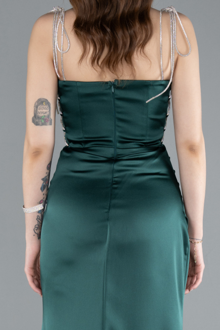 Long Emerald Green Satin Prom Gown ABU3198
