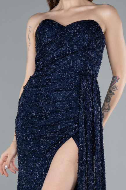 Navy Blue Strapless Beaded Slit Long Evening Gown ABU4871