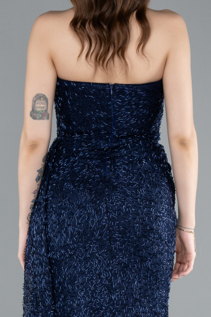 Navy Blue Strapless Beaded Slit Long Evening Gown ABU4871