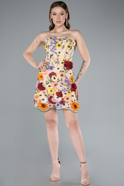 Beige Strapless Multicolor 3D Floral Embroidered Mini Dress ABK2326