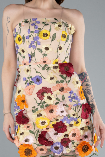 Beige Strapless Multicolor 3D Floral Embroidered Mini Dress ABK2326