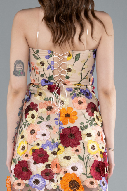 Beige Strapless Multicolor 3D Floral Embroidered Mini Dress ABK2326