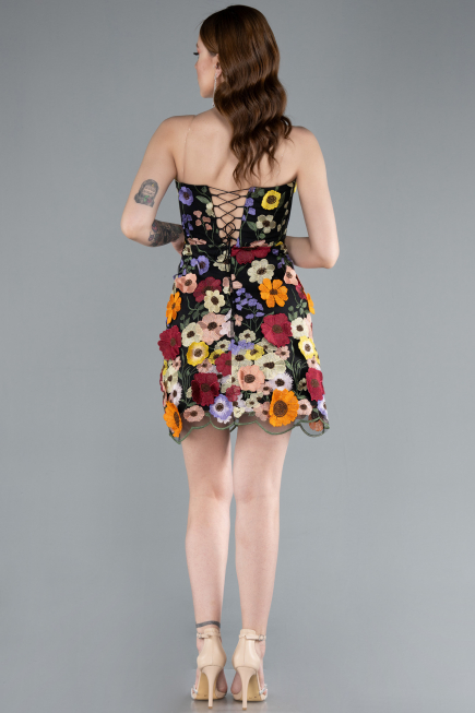 Black Strapless Multicolor 3D Floral Embroidered Mini Dress ABK2326