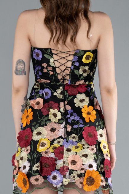 Black Strapless Multicolor 3D Floral Embroidered Mini Dress ABK2326