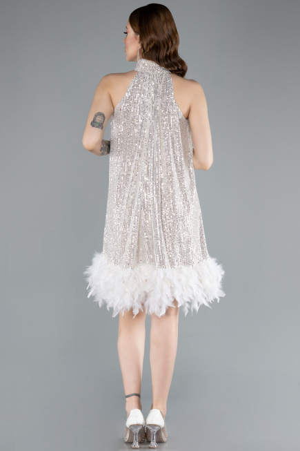 Beige Halter Neck Feathered Skirt Sequined Party Dress ABU4876